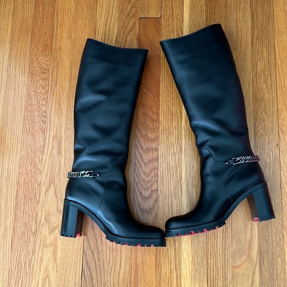Christian Louboutin Napoleon 70 Calf Black Boots with Gunmetal Chain